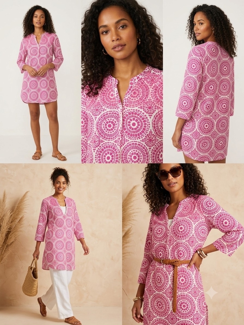 Hatley Pink White Geometric Circle Embroidered Cotton Tunic Dress Small